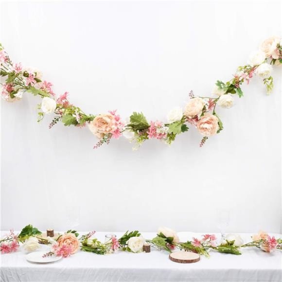 Artificial Peony Flower Garland - 6ft Silk Peony Garland with Champagne & White - Picture 3 of 7